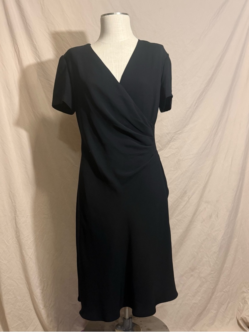 Sheri Martin Black Wrap-Front Short Sleeve Midi Dress